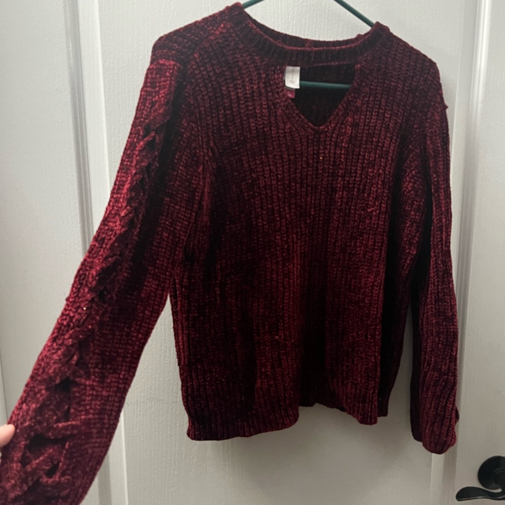 Red V-Neck Sweater with Textured Knit